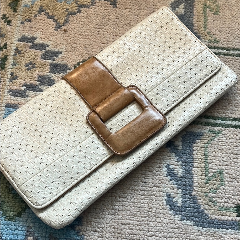 Cream and Tan Woven Clutch with Rectangular Buckle
